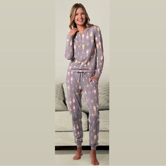🍷 SERRA 🍷 wine champagne glass PJs pajamas set size M cotton gray pink - Picture 10 of 10
